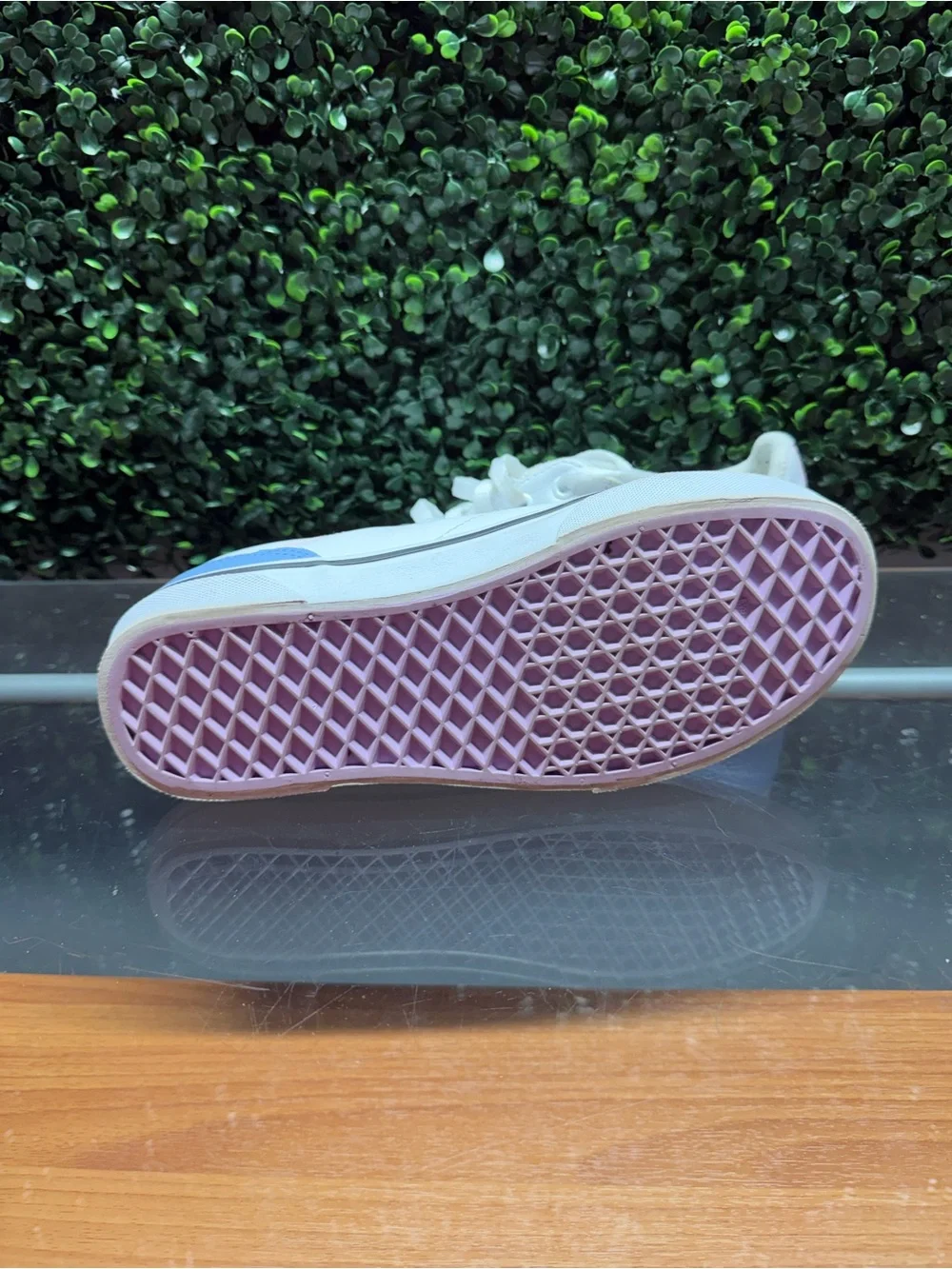 Vans White Low-Top Sneakers with Light Blue Heel & Pink Accent
